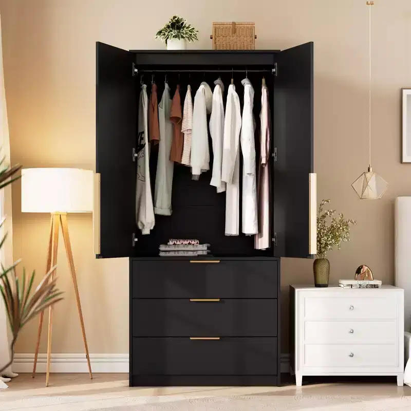 Rattan Armoire Wardrobe Closet with 3 Drawers & 2 Doors – Tall Wooden Bedroom Cabinet for Hanging Clothes