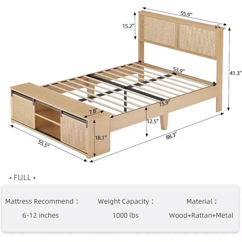 Boho Farmhouse Natural Rattan Bed Frame, Sliding Barn Door Storage and LED Light Headboard, Solid Wood Support Legs.