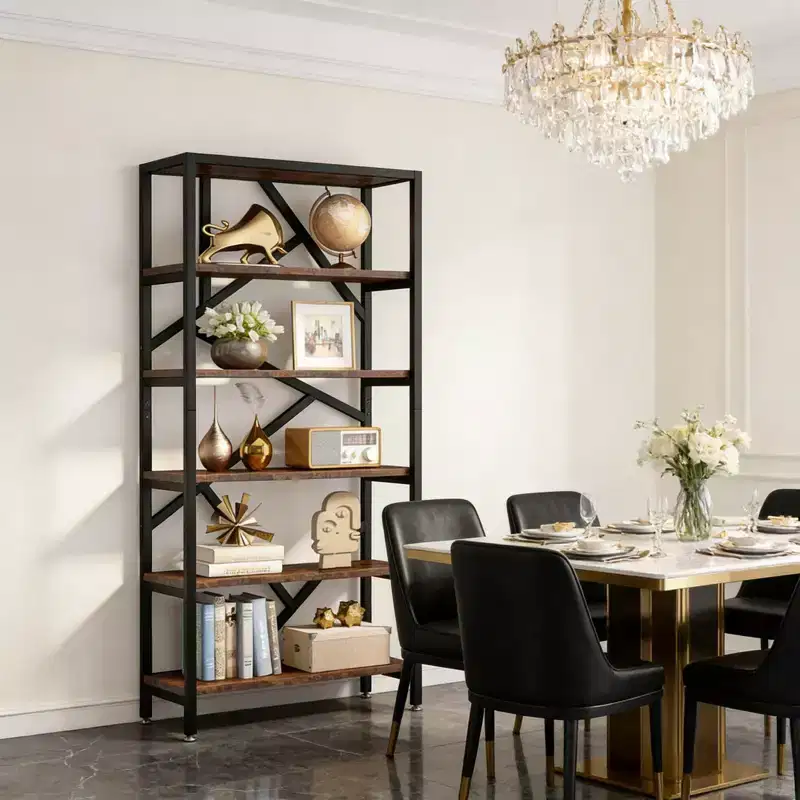 NAYSAYE Modern Bookshelf 6 Tier Metal Wood Open Shelf Display Rack Sturdy Storage Organizer for Living Room Office, Black, 31.52*11.82*70.92