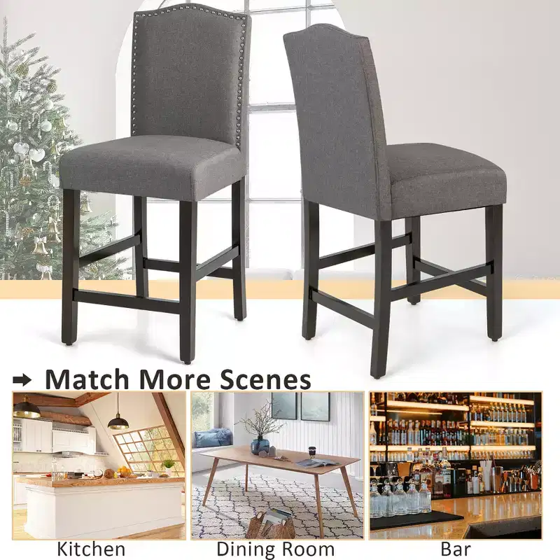 Costway Set of 2 Fabric Barstools Nail Head Trim Counter Height Dining Side Chairs Grey/Beige