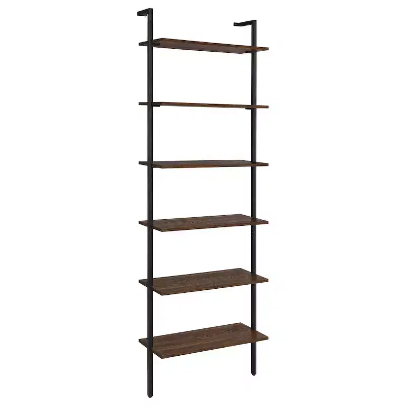 Walnut 6-Shelf Wall Bookcase, Black Metal Frame, 96