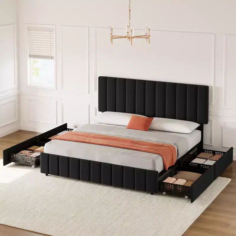 Quilted Upholstered Platform Bed with Adjustable Headboard & 4 Storage Drawers, Sturdy Wooden Slats Support & No Box Spring Needed