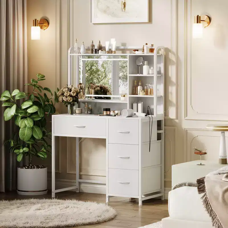 Vanity Desk with Mirror and Lights, 35.4 Makeup Vanity Table with 4 Fabric Drawers & Storage Shelves, Adjustable LED Lights,Vanity Table for Bedroom