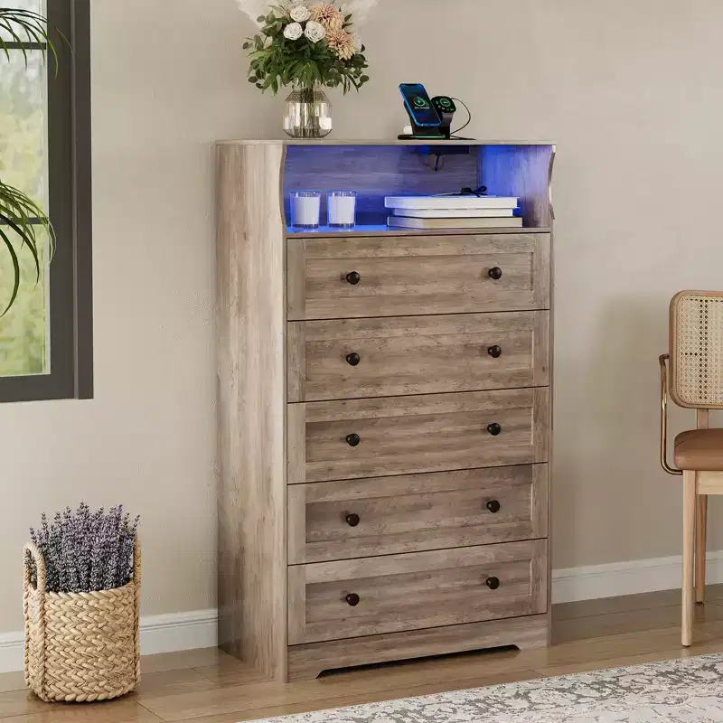 53 Tall 5 Drawer Dresser for Bedroom, Wooden Chest of Drawers with Charging Station, Narrow Nightstand, Living Room Clothing Storage Organizer
