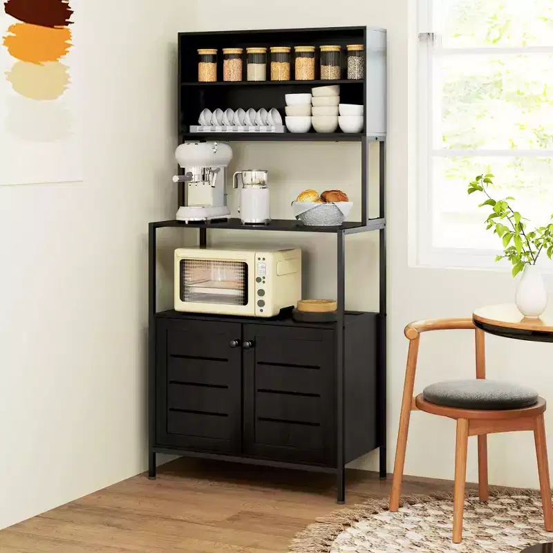 HOMCOM Baker's Rack with Power Outlet, Coffee Bar Cabinet with Storage Shelves, Microwave Stand with Louvred Door Cabinets, Black