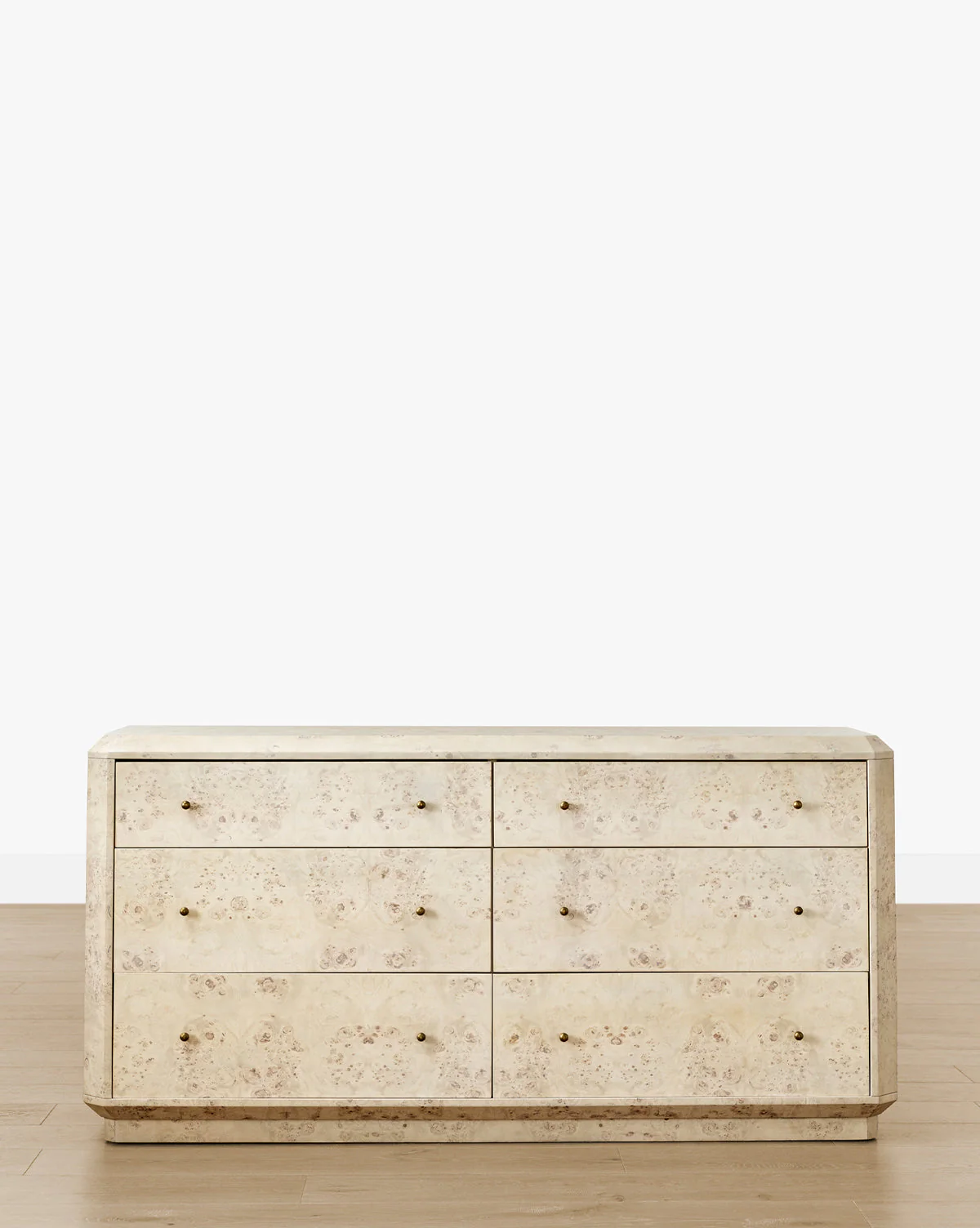 Artisan Burl Wood Dresser with Brass Pulls & Geometric Motifs for Bedroom