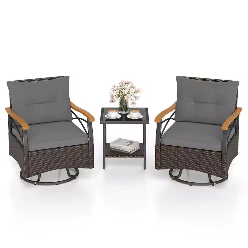 Costway 3 PCS Outdoor Swivel Chair Set with 2-Tier Tempered Glass Side Table Cushions Gray/White
