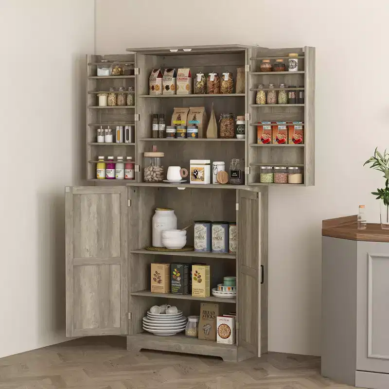 72 Farmhouse Kitchen Pantry Cabinet, Tall Storage Cabinet with 4 Barn Doors, 4 Adjustable Shelves, 8 Door Shelves