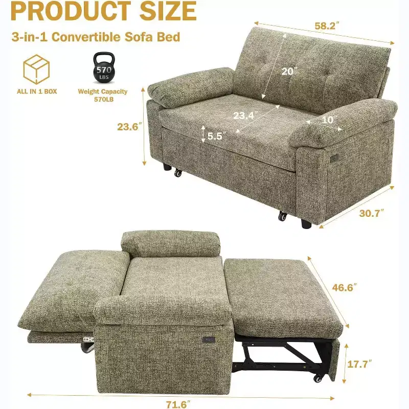 Dyonery 3-in-1 Convertible Sofa Bed, Pull Out Sleeper Sofa with USB Charging Station & Adjustable Backrest