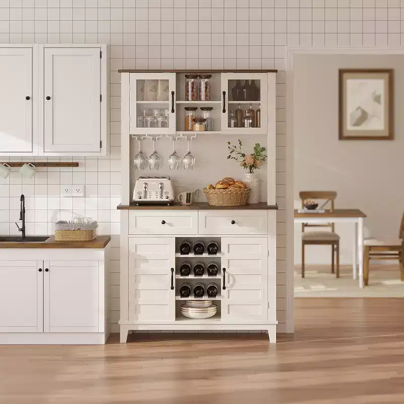 72 Inch Tall Kitchen Pantry Cabinet with 4 Doors and 2 Drawers, Wine Rack, Large Kitchen Storage, Adjustable Shelf, Coffee Wine Bar Counter