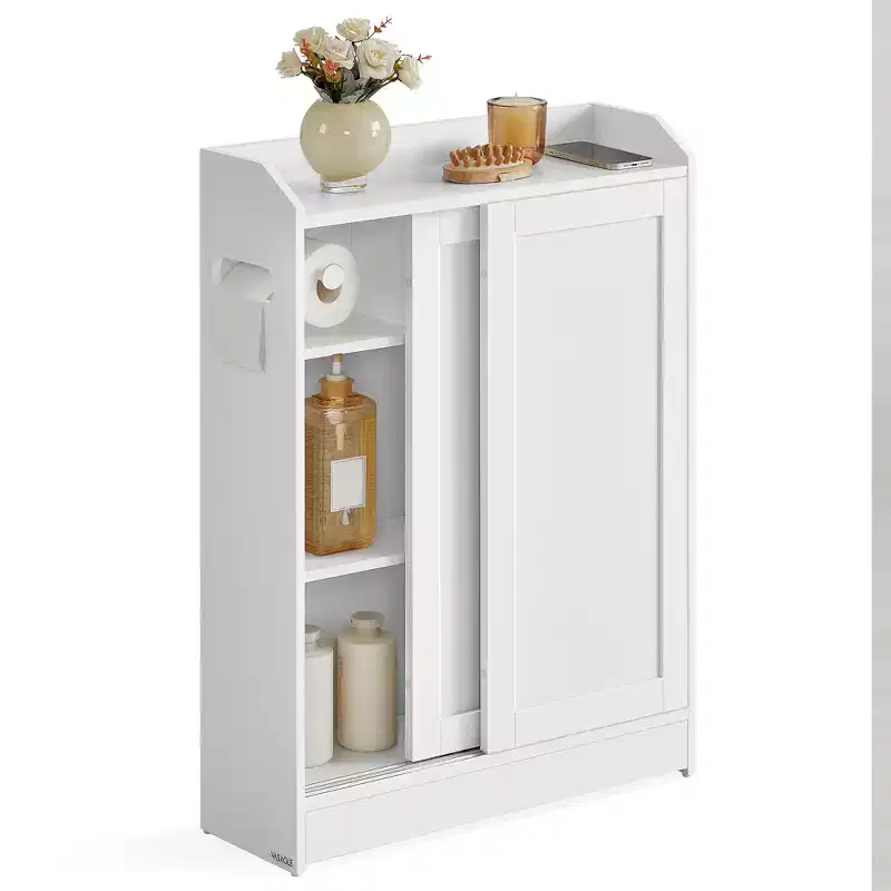 VASAGLE Bathroom Cabinet, Slim Bathroom Storage Cabinet, Toilet Paper Holder and Brush Compartment, Sliding Doors, Adjustable Shelves,