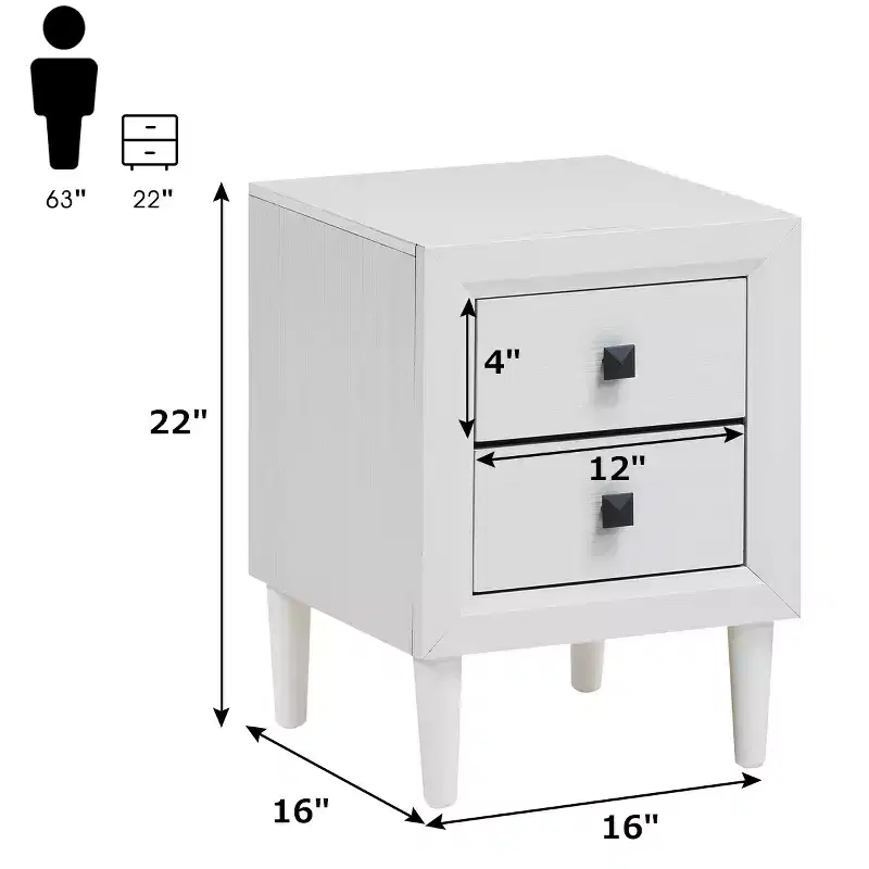 2 PCs Nightstand End Bedside Coffee Table Wooden Leg Storage Drawers White