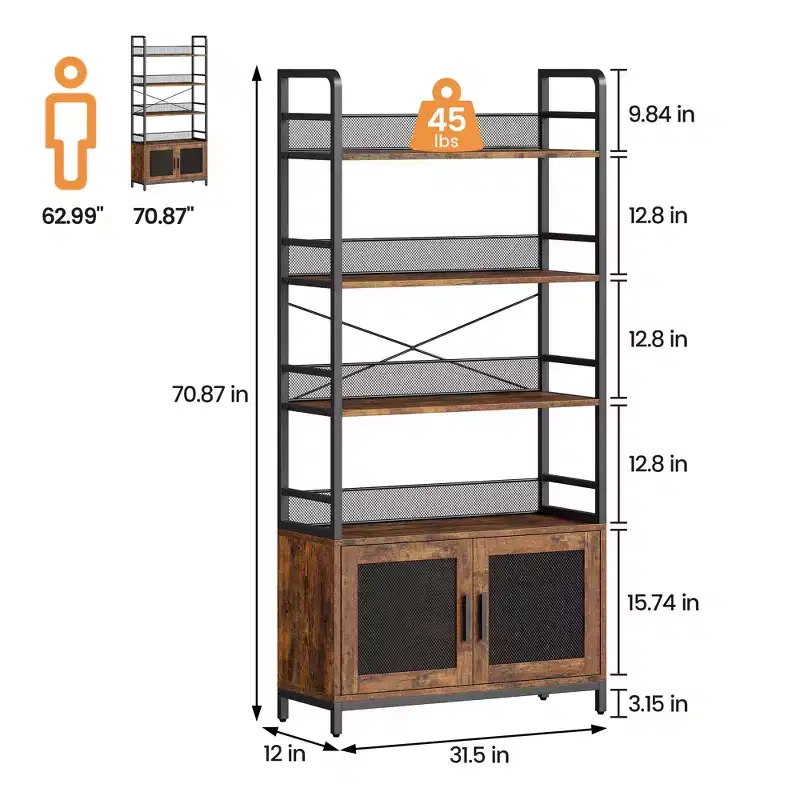 70.87 Industrial Bookshelf with Doors, 4-Tier Rustic Open Storage Shelf, Farmhouse Display Rack for Bedroom, Living Room, Home Office, Brown