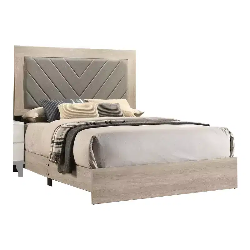 Upholstered King Platform Bed, Tufted Gray Headboard, Cream White