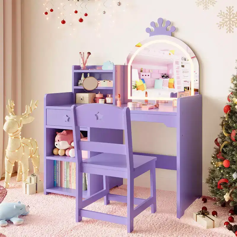 Kids Vanity with Mirror, 2 in 1 Princess Vanity Set Toddler Vanity Table & Chair Set with Open Bookshelf, Storage Cabinet & Shelves for Girls