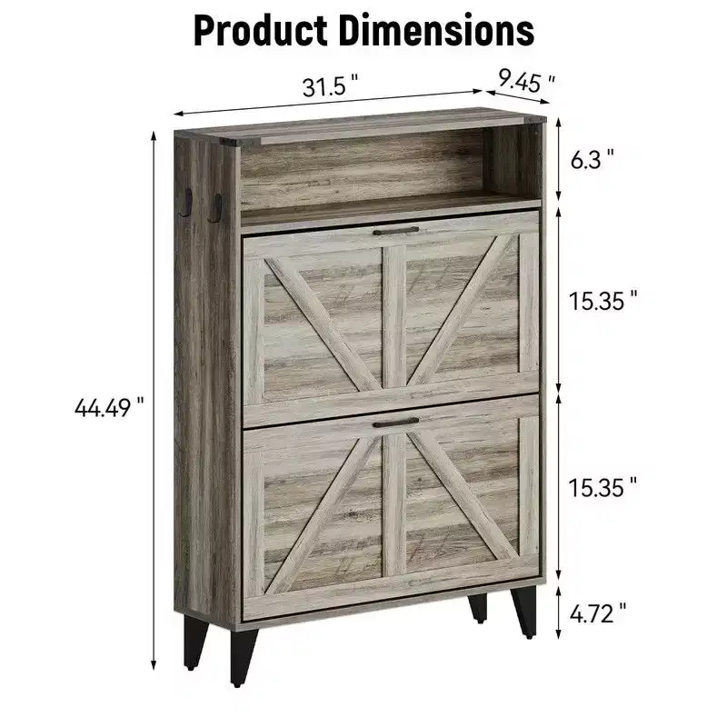 Shoe Cabinet, Freestanding Shoe Organizer with 2 Flip Drawers, Narrow Farmhouse Shoe Rack
