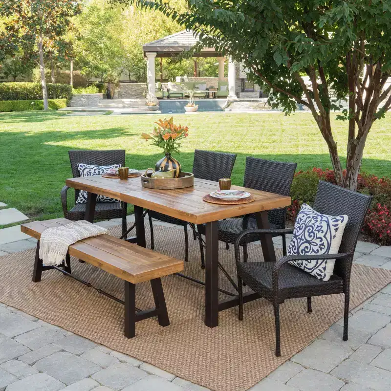 GDFStudio Soltice Outdoor Wicker and Acacia Wood 6 Piece Dining Set with Bench