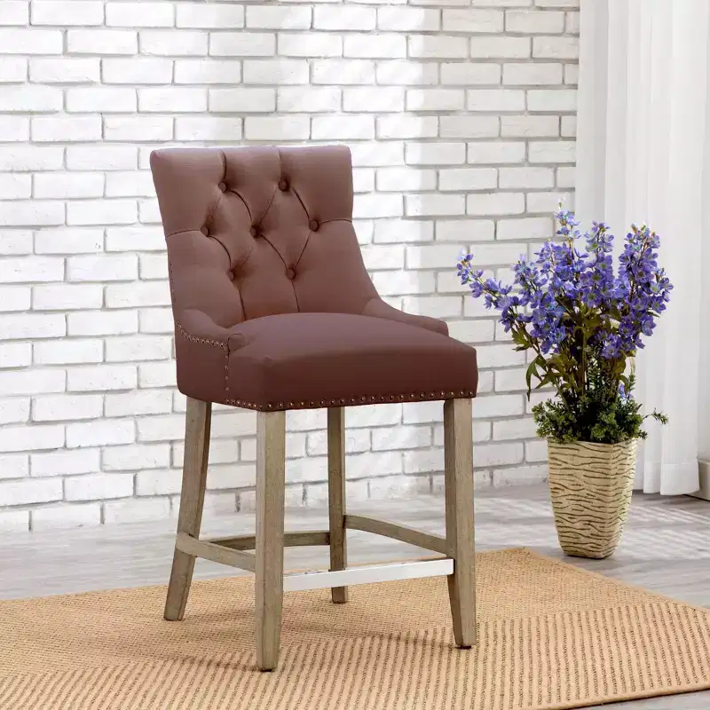 WestinTrends 24 Linen Fabric Tufted Buttons Upholstered Wingback Counter Stool, Brown