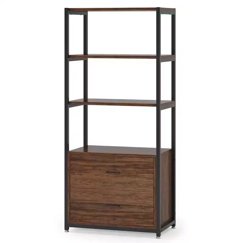 4-Tier Bookshelf with 2 Drawers – Metal Frame, Particle Board, 60