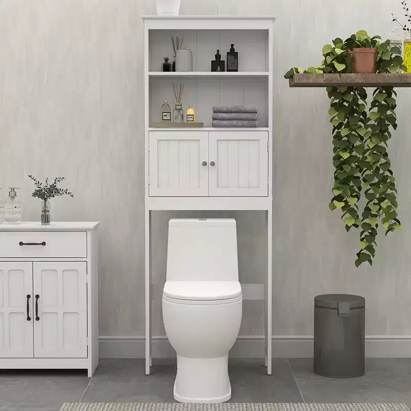 70 Over The Toilet Storage Cabinet, 2 Tier Bathroom Space Saver Storage Shelf, Bathroom Organizer with Open Shelves and Double Door