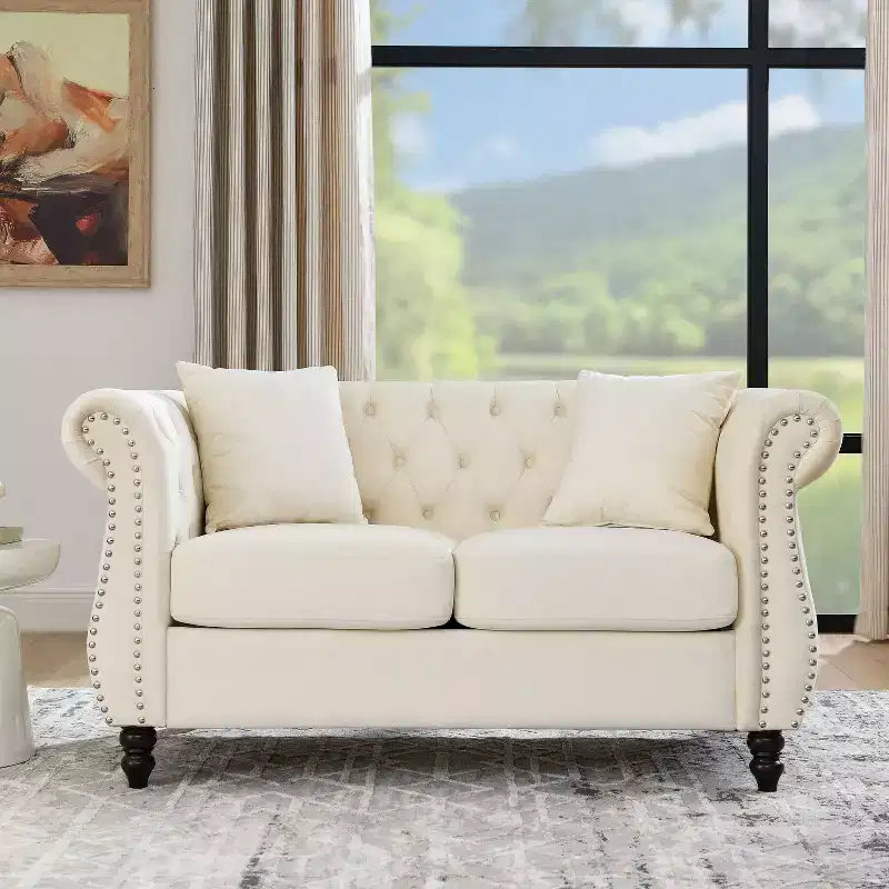 58.8 Chesterfield Sofa Beige Velvet for Living Room, 2 Seater Sofa Tufted Couch with Rolled Arms and Nailhead for Living Room