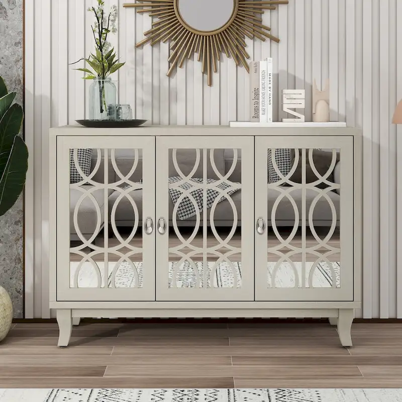 3 Door Mirrored Buffet Cabinet with Silver Handle - N/A