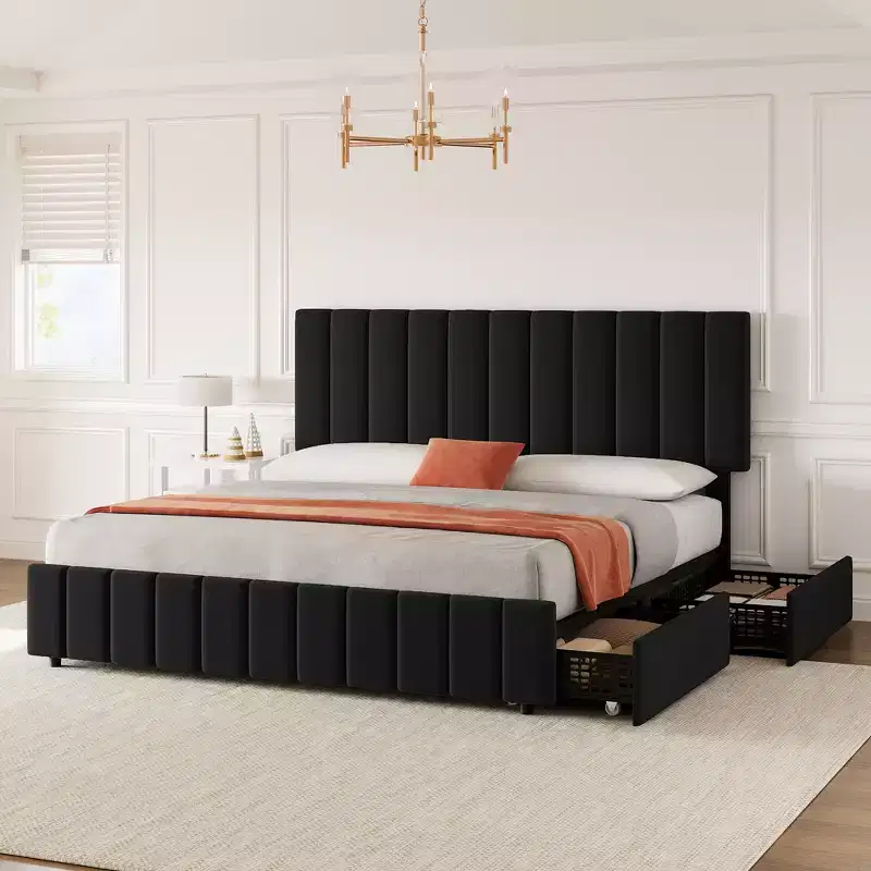 Quilted Upholstered Platform Bed with Adjustable Headboard & 4 Storage Drawers, Sturdy Wooden Slats Support & No Box Spring Needed