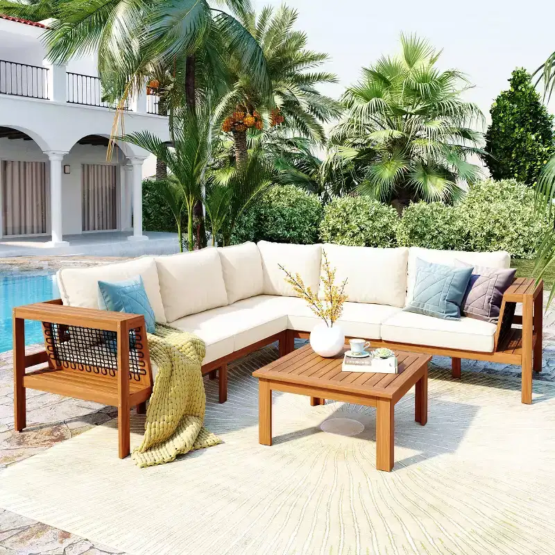 4-Piece Modern Outdoor Wood Patio Conversation Set with Cushions, L-Shaped Sectional Sofa Set with Coffee Table for Patio, Backyard-Panipeachy