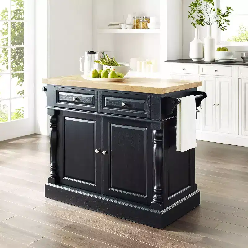 Butcher Block Kitchen Island Black Traditional MDF Frame Wood Surface 2 Doors 4 Drawers 4 Shelves