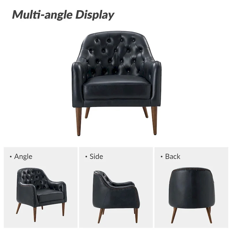 Melisa Classic Genuine Leather Wood Legs Barrel Chair With Tufted Back By HULALA HOME