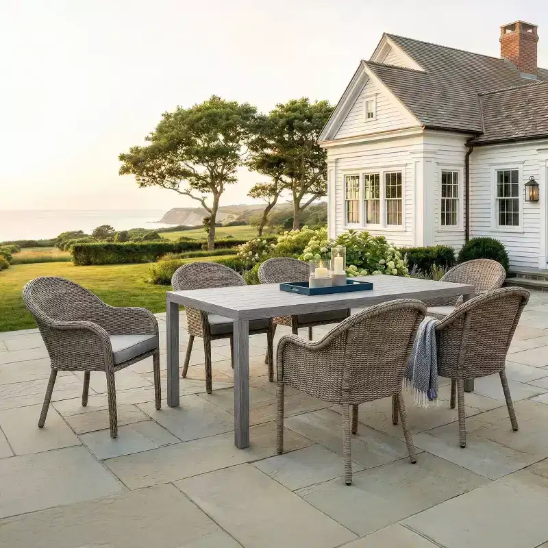 Martha Stewart All-Weather 62 Aluminum Patio Table with 6 Rattan Wicker Stack Chairs - Gray