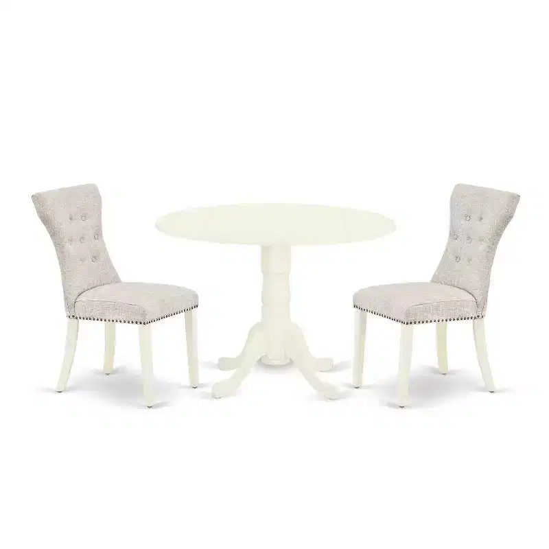 3-Piece Linen white Solid Wood Top - Round Dining Room Set - Seats 4