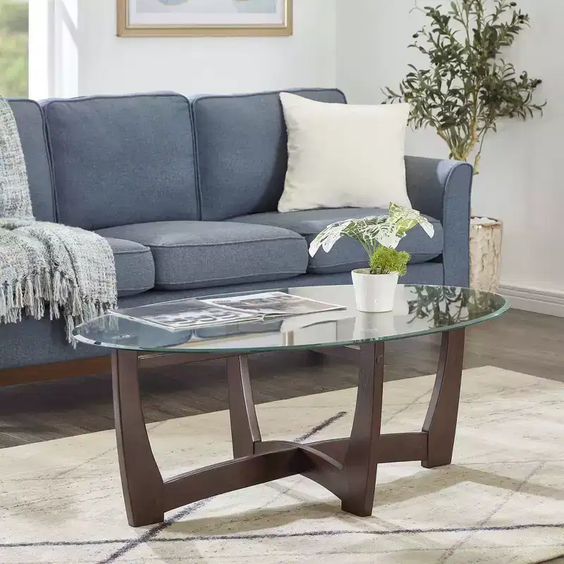 MAYEERTY 48 inch Oval Glass Coffee Table Cherry Round Coffee Table with Glass Top Small Coffee Table for Living Room Office