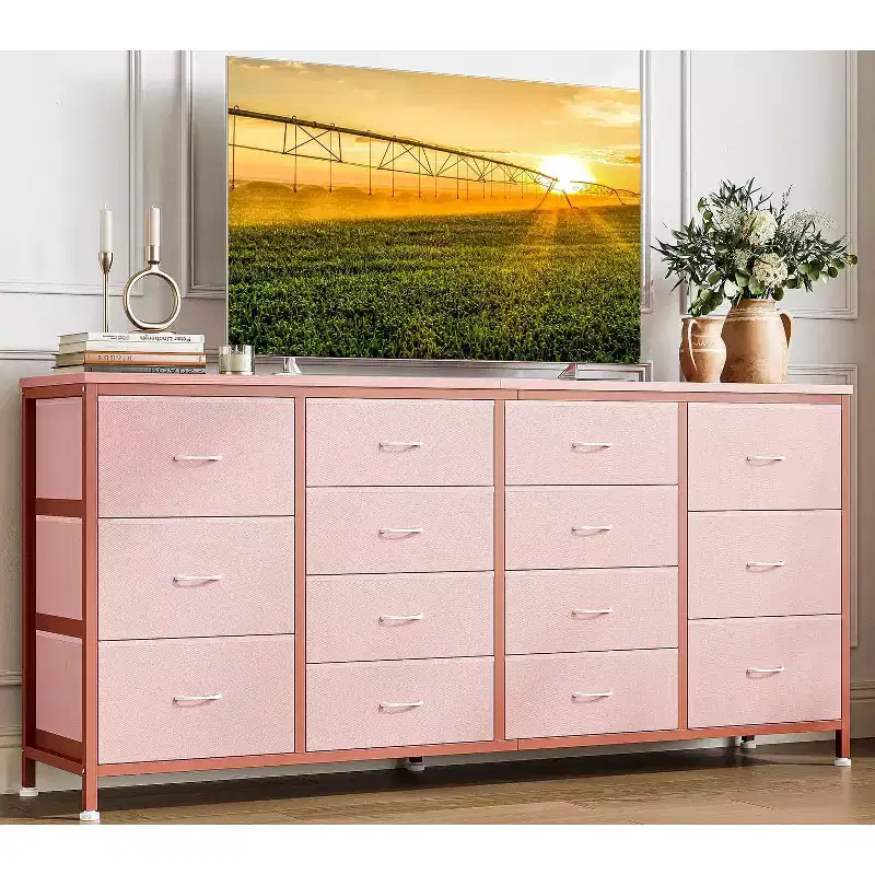 63 W Dresser Tv Stand for 65 70 75 Inch Tv, 14 Drawer for Bedroom with Power Outlets, Large Long Fabric Dresser Entertainment Center