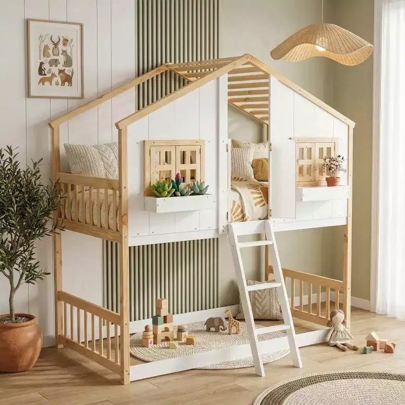 Twin Over Twin Playhouse Bunk Bed with Windows & Doors, White Wood House Bed with Safety Ladder & Guardrails