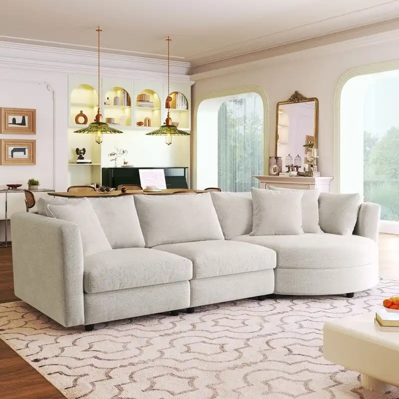 Modern Cushioned Sofas with 3 Pillows and Curved Seat