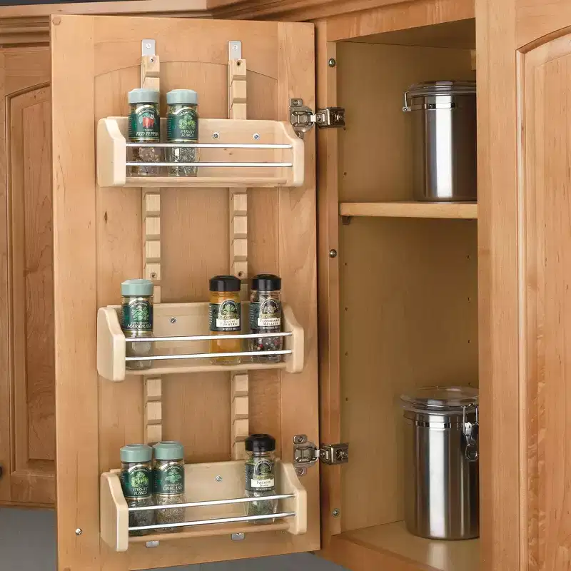Rev-A-Shelf Pullout Wall Storage Organizer for Kitchen Cabinets, Sliding Door Mounted Spice Rack with 3 Adjustable Shelves, Maple Wood, 4ASR-15