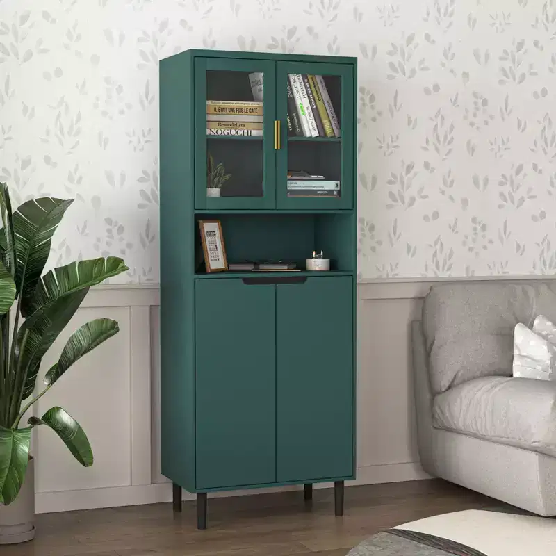 Okak Tall Bookshelf with Adjustable Board, Freestanding Storage Shelves with 4 Tempered Glass Doors, Display Case for Living Room, Office, Green