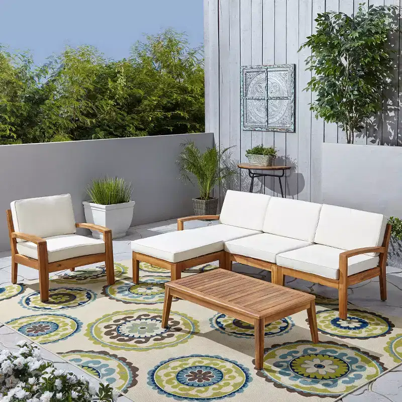 Christopher Knight Home Parma Patio Acacia Wood Slat Design 5 Seater Upholstered Seating Set with Coffee Table