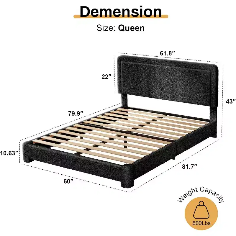 Dyonery Boucle Bed Frame,Black Upholstered Teddy Fabric Bed Frame with Headboard,No Box Spring Required, Adjustable Headboard, Easy Assembly