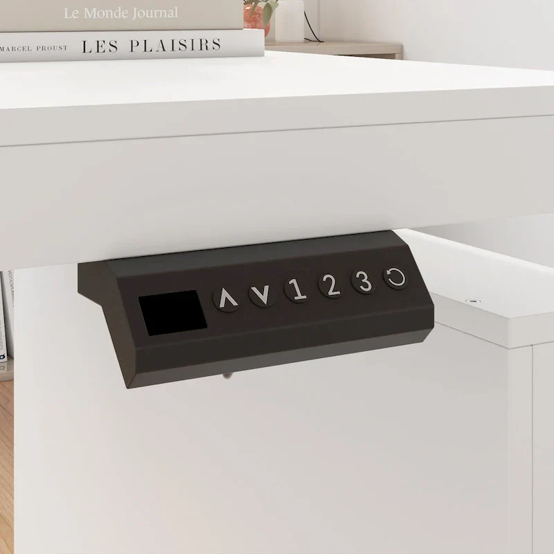 White Height-Adjustable Desk with Side Cabinet, 70.9