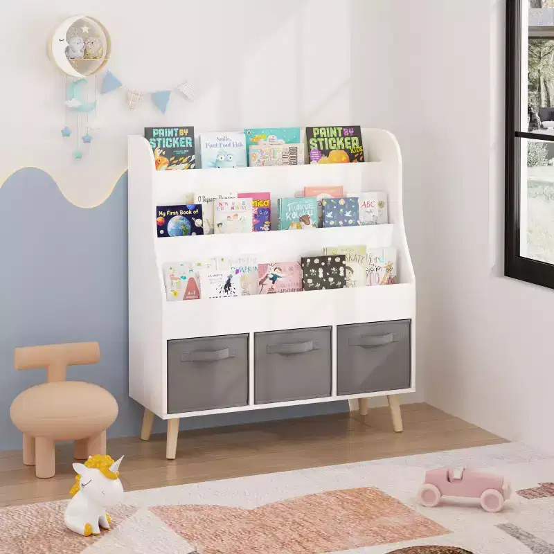 Kids Bookshelf with 3 Fabric Storage Bins, White Wooden Book Display Organizer for Toddlers and Children, Front-Facing Book Rack with Pine Legs