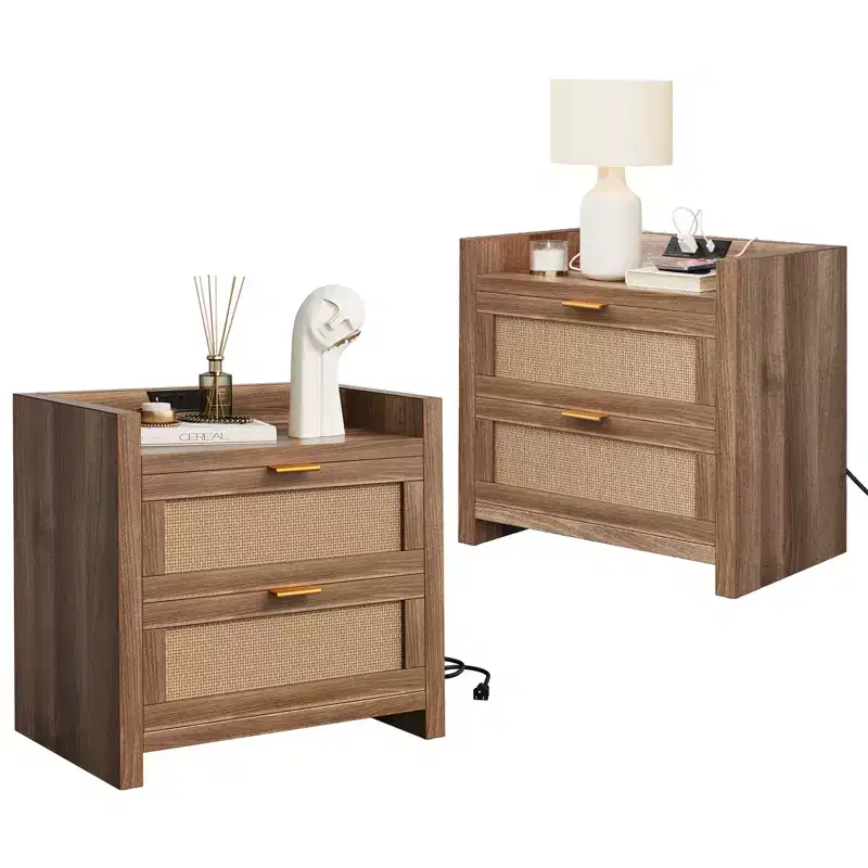 Set of 2 Rattan Nightstands with Charging Station, Boho Modern Bed Side Tables with 2 Drawers, Night Stand for Bedroom, Study & Living Room