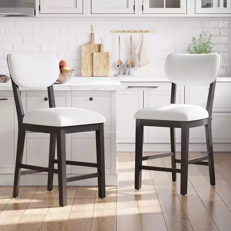 Solid Wood Farmhouse Upholstered Counter Height Bar Stools with Curved Back