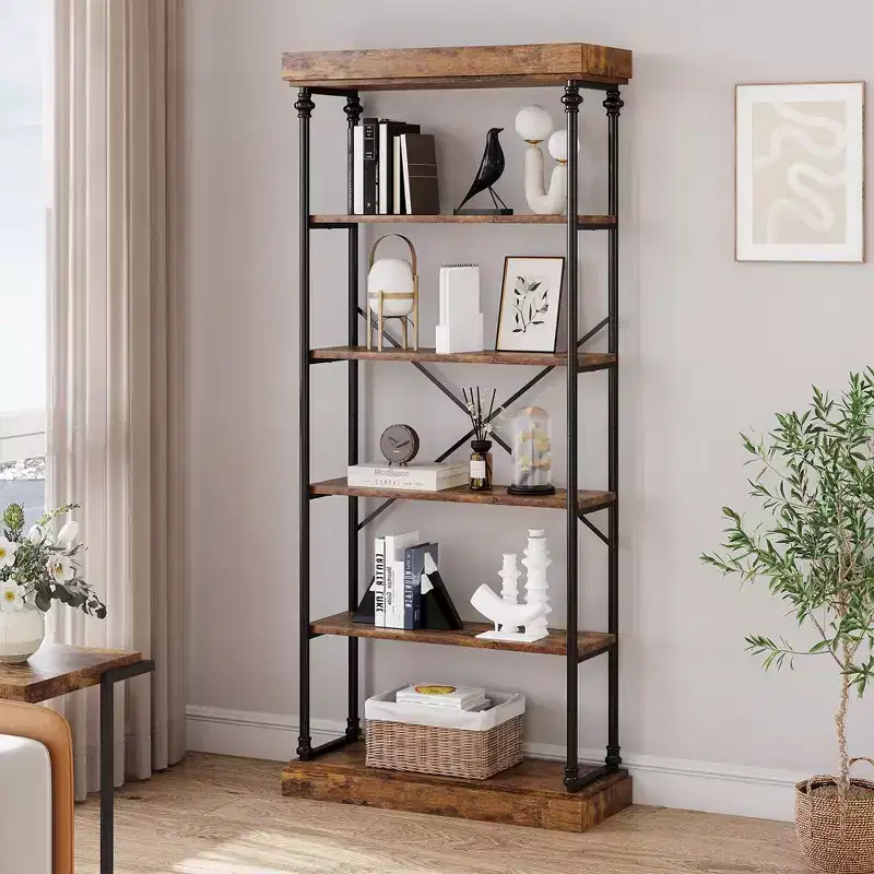 6-Tier Industrial Bookshelf, Wood & Metal Frame, 73.6