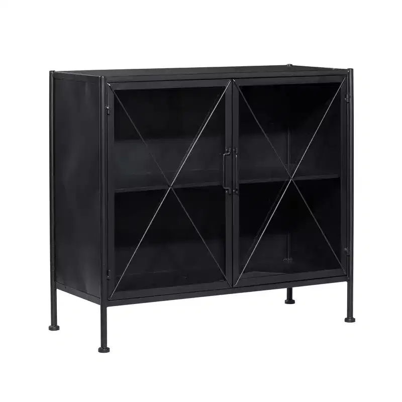 Industrial Metal Cabinet Black - Iron Frame, Fretwork Design, No Assembly
