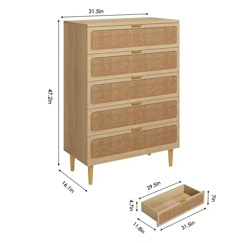 GustoWave Rattan 5 Drawer Dressers for Bedroom, Tall Dresser with Deep Drawers, Large Chest of Drawers for Closet with Wide Top, Long Wooden Dresser