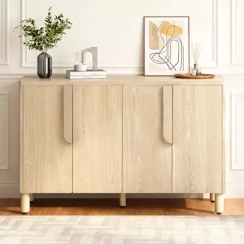 Luxystar 4-Door Sideboard Cabinet with Storage, Unique Arc Handles and Adjustable Shelves for Dining and Living Room, Natural