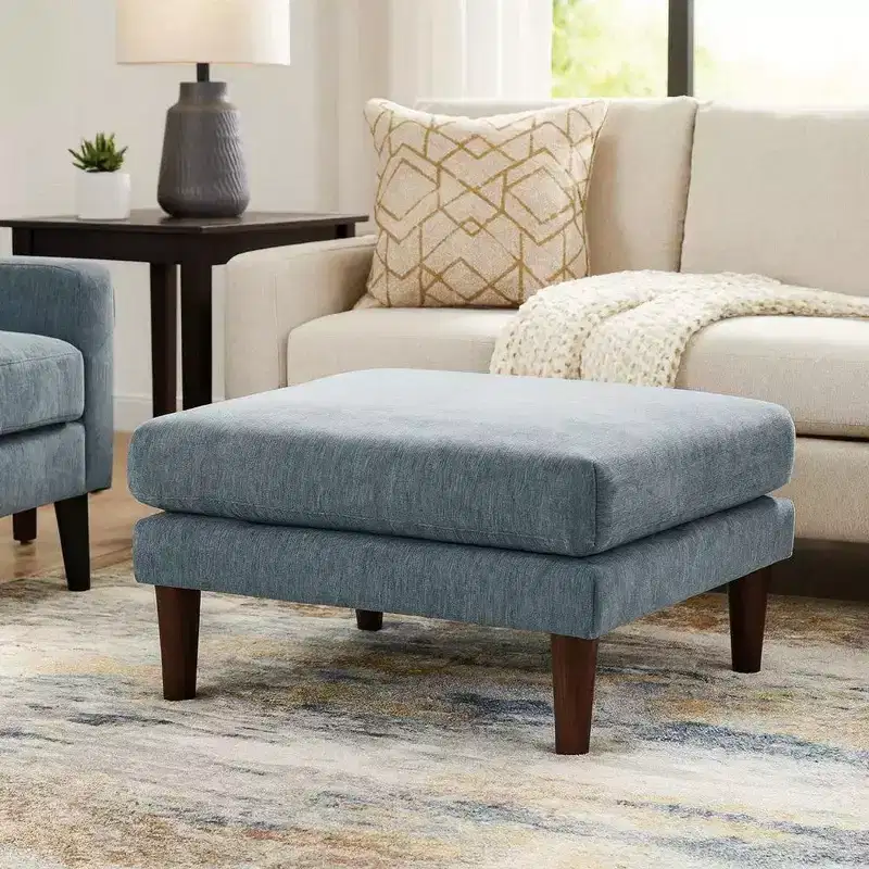 Royal Hampton 32 Inch Modular Ottoman, Box Cushion Seat, Wood Legs, Slate Blue Fabric