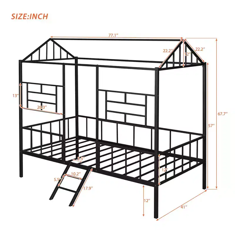 Bellemave Twin Size Metal House Bed Frame, Low Loft Bed Frame with Ladder, for Girls, Boys, Black